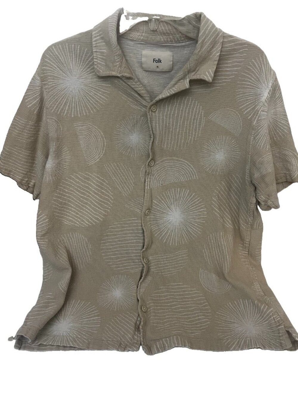 Folk Clothing Shirt Men's XL Short Sleeve Camp Geometric Button Up Tan Resort. C